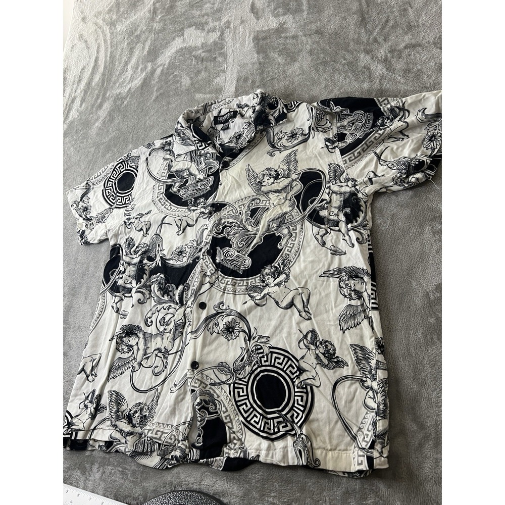 Contender Mens Shirt Medium Black And White  Rayon Button Up  Cherub Baroque
